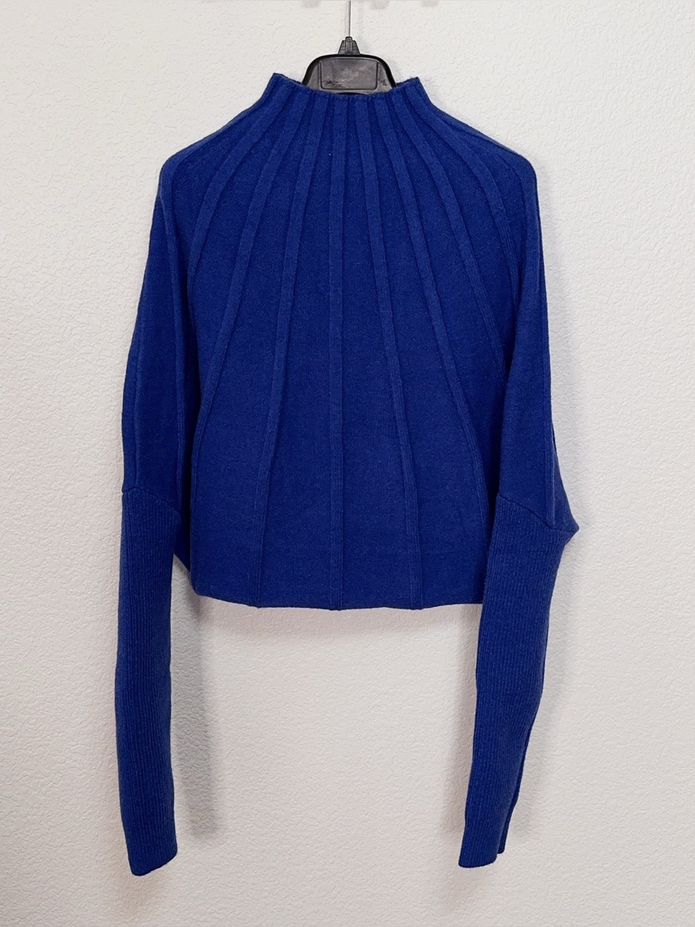 Miss Sparkling Royal Blue Ribbed Mock Neck Dolman Sleeve Sweater
